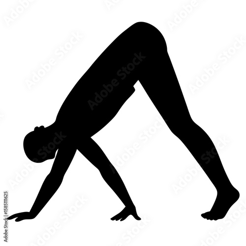 Silhouette of a person performing the downward facing dog yoga pose isolated on white background
