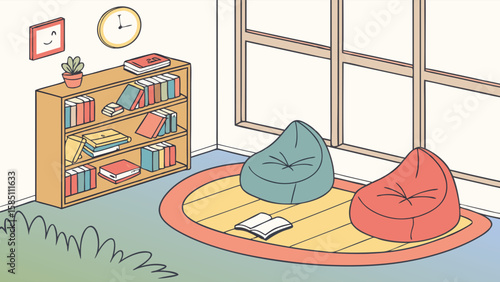 A cozy reading nook with beanbag chairs, a bookshelf filled with books, and a large window.