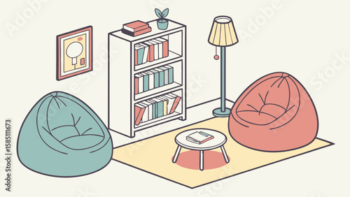 Cozy living room scene with beanbag chairs, bookshelf, lamp, and coffee table.