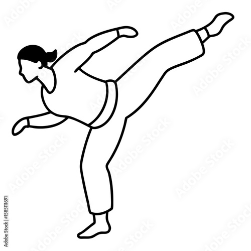 Dynamic line art of a capoeira dancer performing a mid kick isolated on white background