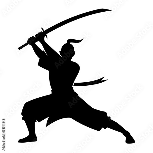 Dynamic silhouette of a martial artist in action with a raised katana isolated on white background