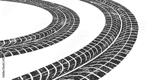 Grunge tire tracks curved path on white background