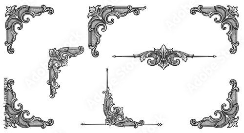 Elegant ornamental corner design elements with baroque flourishes