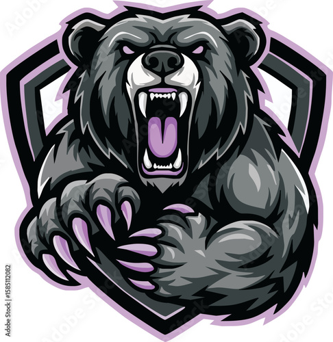 Aggressive bear mascot with sharp claws and teeth, set against a shield backdrop.