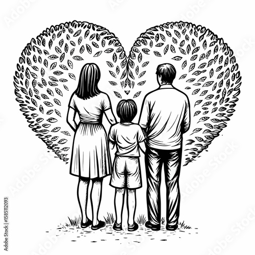 Family Love Drawing – Black and White Heart Shape Tree Behind Parents and Child Sketch Art