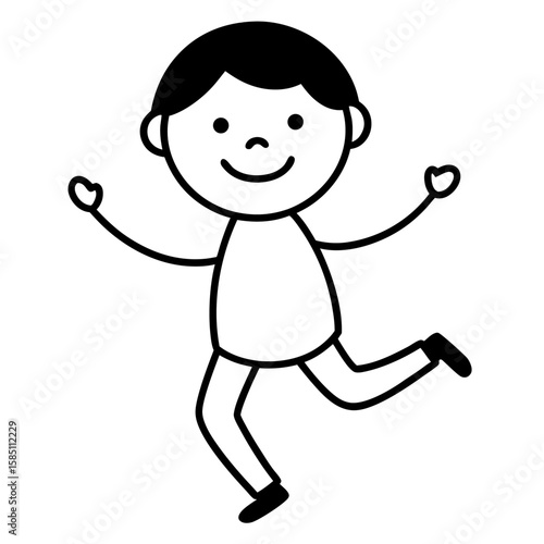 Simple line art illustration of a happy child skipping with both feet off the ground isolated on white background