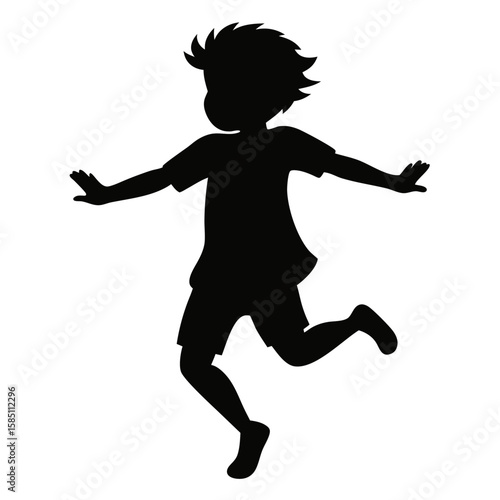Silhouette of a happy child skipping joyfully with both feet isolated on white background