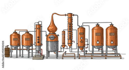Industrial distillery equipment with copper tanks and pipes on white background