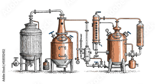Vintage distillery equipment in hand drawn steampunk style with copper and metal elements
