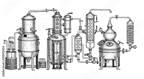 Vintage distillery equipment with detailed pipes and tanks illustration