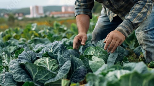 Man farmer checking cabbage in field. Agriculture and food growing concept on farm. Organic produce harvest cultivation footage.