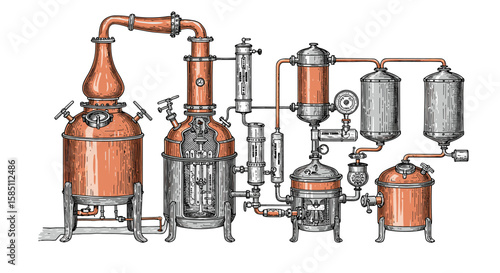 Detailed engraving of a vintage copper distillery apparatus with pipes and valves