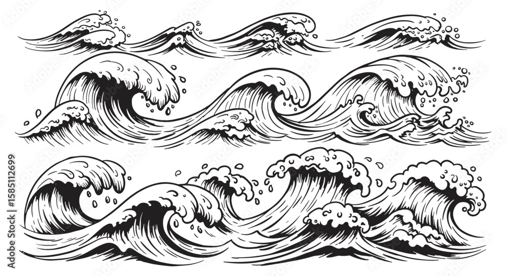 Fototapeta premium Artistic black and white ocean waves in vintage tattoo style