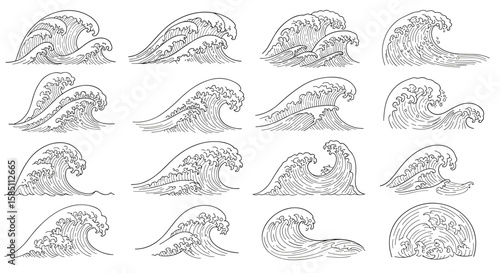 Elegant collection of hand drawn ocean waves in black and white line art
