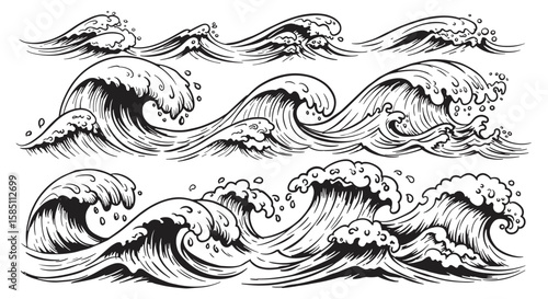 Artistic black and white ocean waves in vintage tattoo style