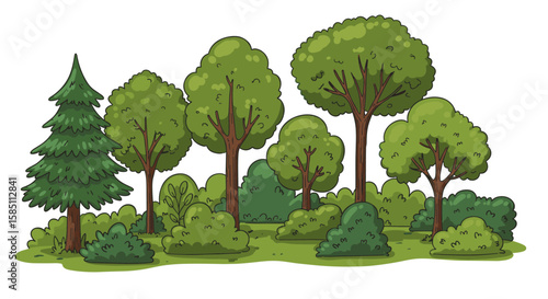 Lush green forest landscape with cartoon style trees and bushes