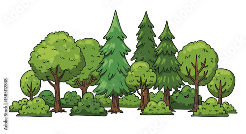 Nature landscape with cartoon style lush green trees and bushes