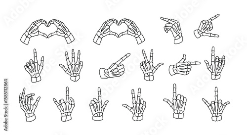 Hand skeletons in various gestures with outlined style