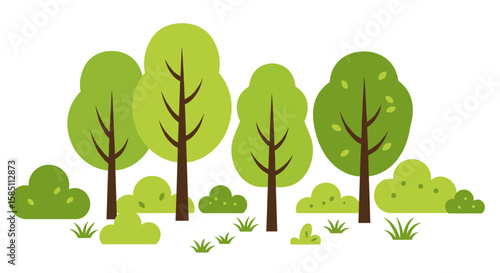 Lush green forest scene with various trees and shrubs in flat design