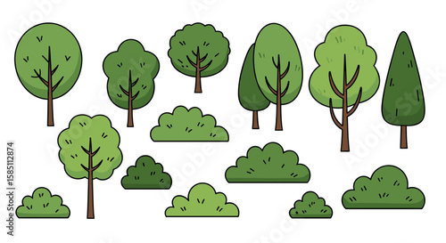 Collection of green trees and bushes in simple cartoon style