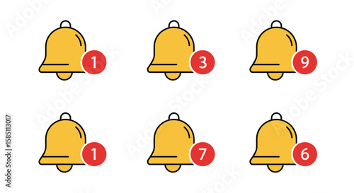 Flat notification bell icons with unread message count in yellow and red