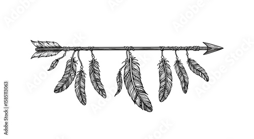 Decorative arrow with feathers in detailed black and white design