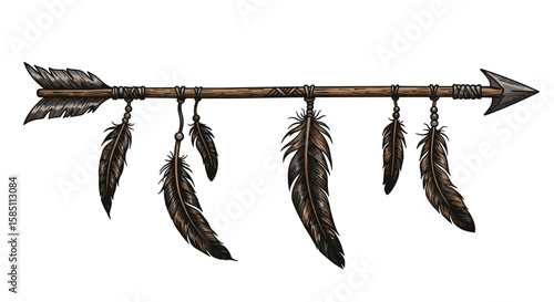 Decorative arrow with feathers on wooden shaft in ethnic style