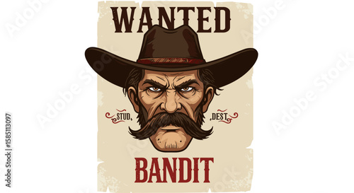 Vintage western wanted poster with cowboy's intense expression