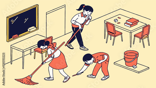 Children cleaning a classroom together, sweeping, mopping, and picking up trash.