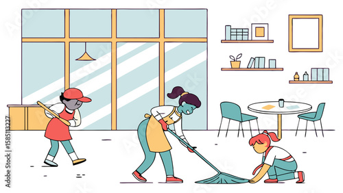 Three women cleaning a restaurant floor.