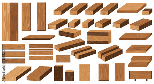 Wooden planks and boards set for construction and carpentry projects