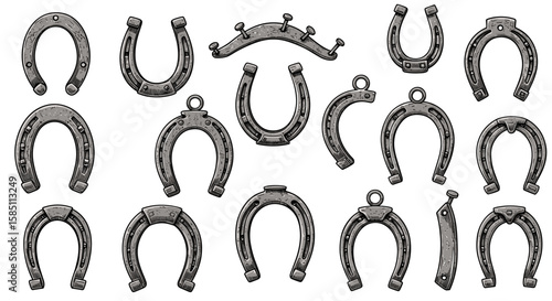Collection of vintage horseshoes in detailed black and white style