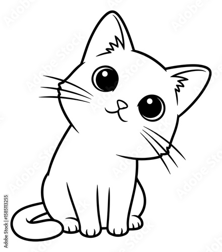 Cartoon Outline of a Cute White Kitten with Big Eyes and a Small Smile