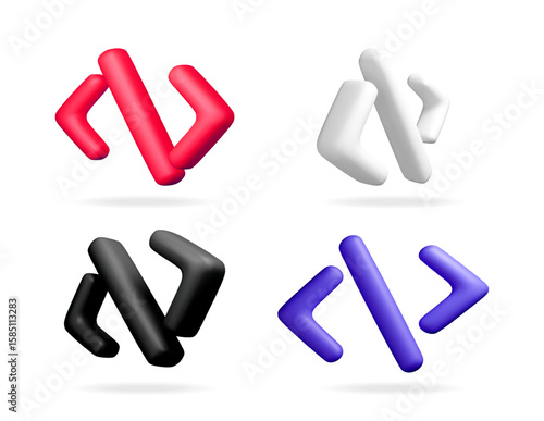 Set of 3d vector illustration with code symbol in different colors. Coding sign. Programming icon. Web development concept.