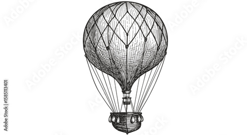 Vintage hot air balloon in detailed black and white sketch style