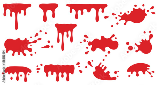 Red paint drips and splashes set in flat style for creative design projects