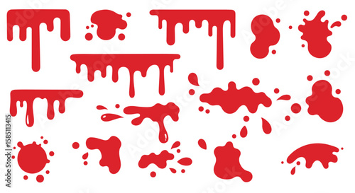 Red liquid drip and splash shapes set in flat design style