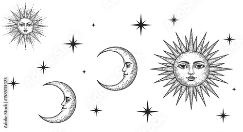 Celestial faces sun and moon with stars in vintage ink style