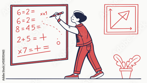 An illustration of a person writing math equations on a whiteboard, representing learning and education.