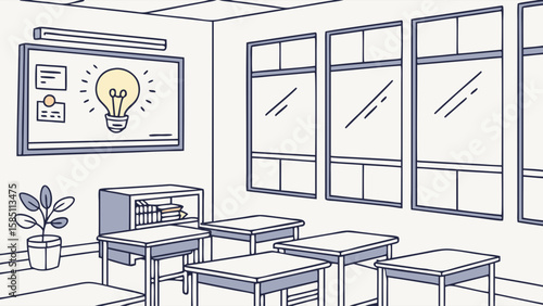 An empty classroom with desks, windows, a whiteboard, and a plant, ready for learning.