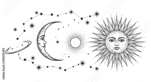 Celestial bodies and constellations in vintage style with sun, moon, and stars