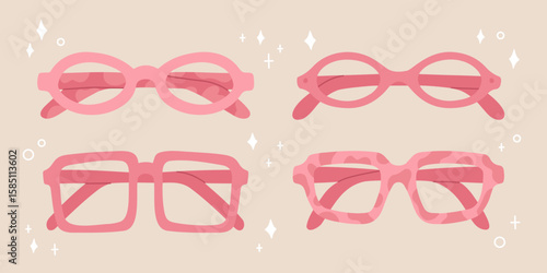 Cute pink eyeglasses set. Stylish women accessories. Vector illustrations. Hand-drawn design elements. Fashion glamour eyewear