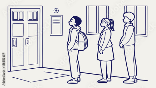 Three students waiting in line in a school hallway near a clinic door.
