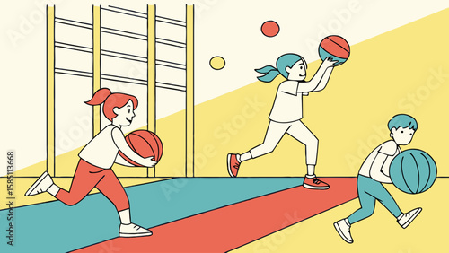 Children playing basketball in a gym.