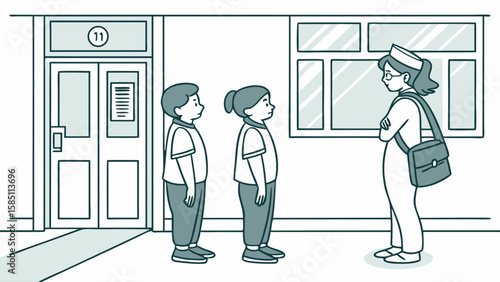 Two students in uniform wait patiently in a school hallway for a nurse.