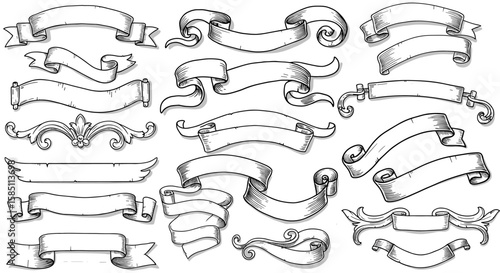 Vintage hand-drawn scroll banners set with curled ribbon designs