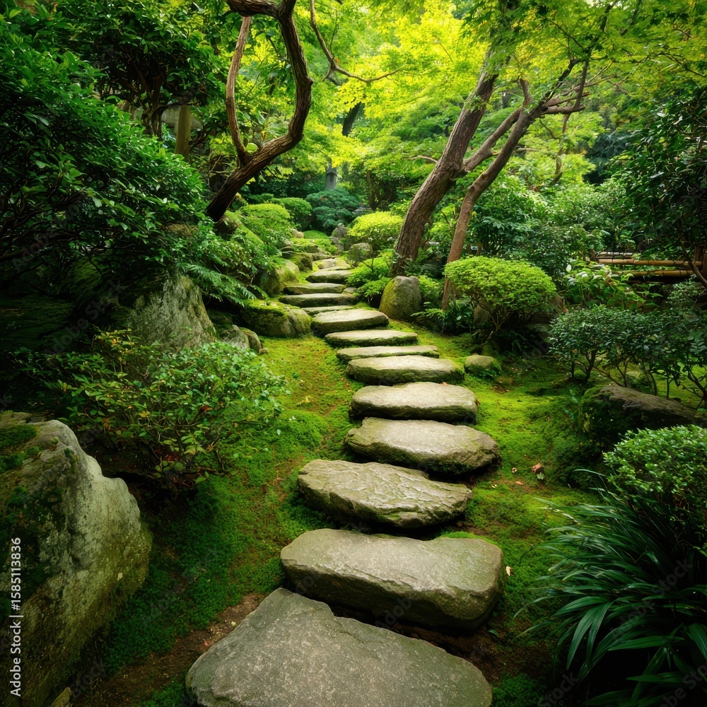 Obraz premium Ultra quality image of serene Zen Garden Path with Moss and Stone Steps Leading Through Lush Greenery Landscape View.