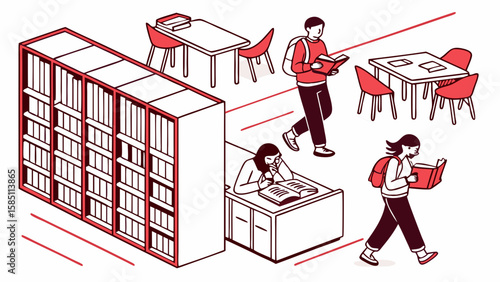 Illustration of students reading and studying in a library with bookshelves and tables.