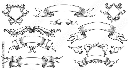Vintage hand-drawn banners and shields collection with ribbons