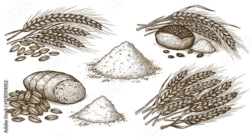 Hand drawn set of wheat ears, grains, and flour in rustic style